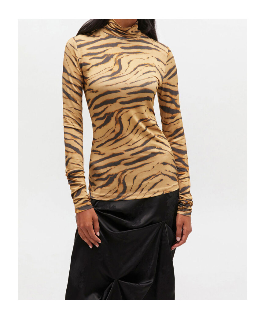 Ganni Tiger Print Long Sleeve Turtleneck Knitwear In Brown