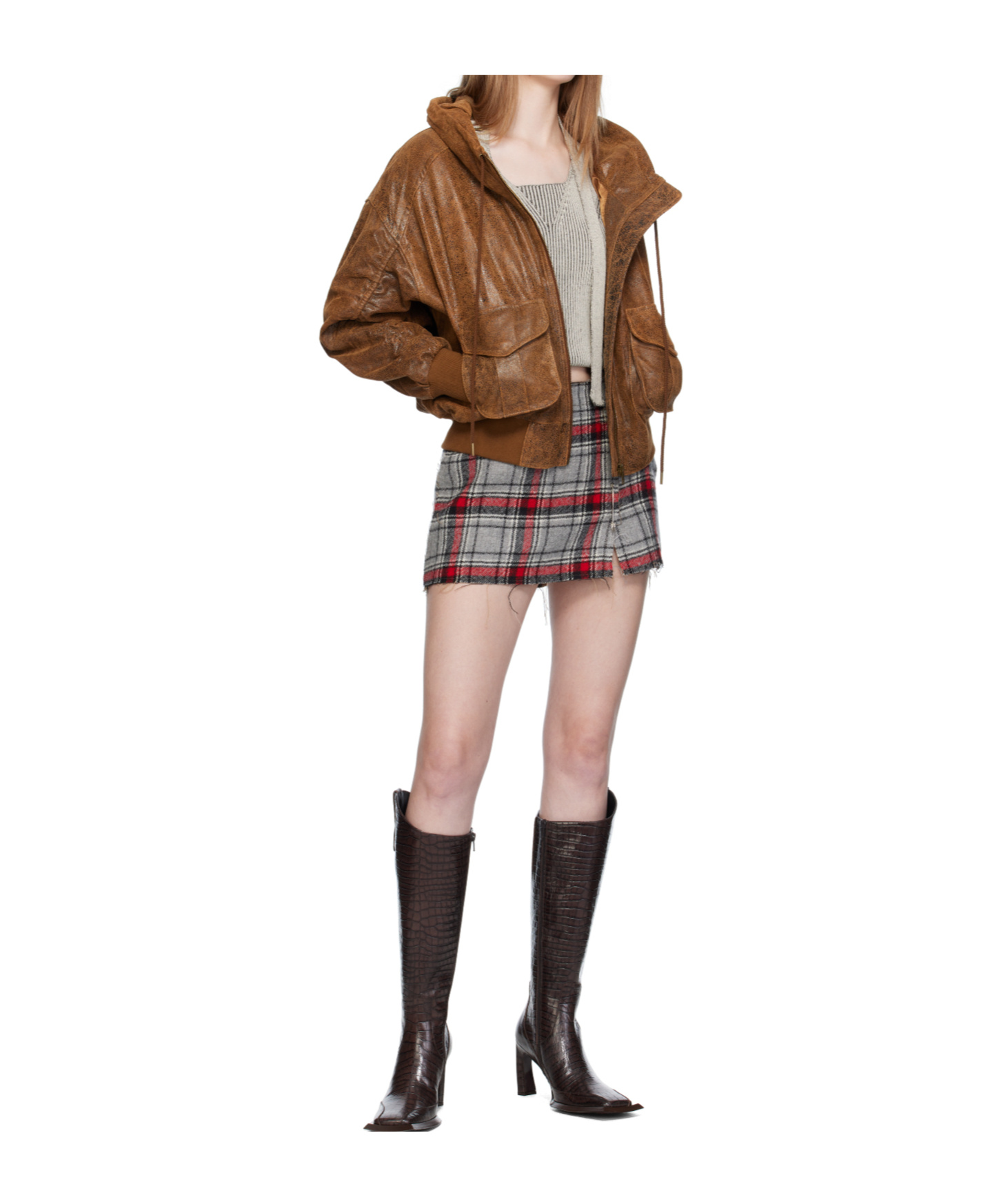 R13 Plaid Frayed Mini Skirt In Gray