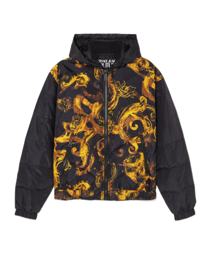Versace Printed Quilted Down Jacket In Black