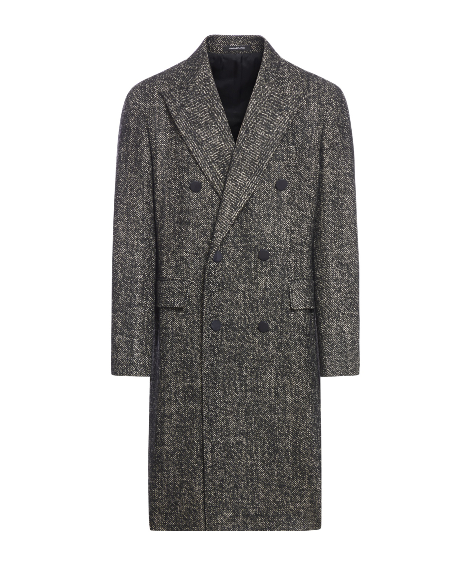 Tagliatore Long Double Breasted Coat In Wool Blend Herringbone In Black