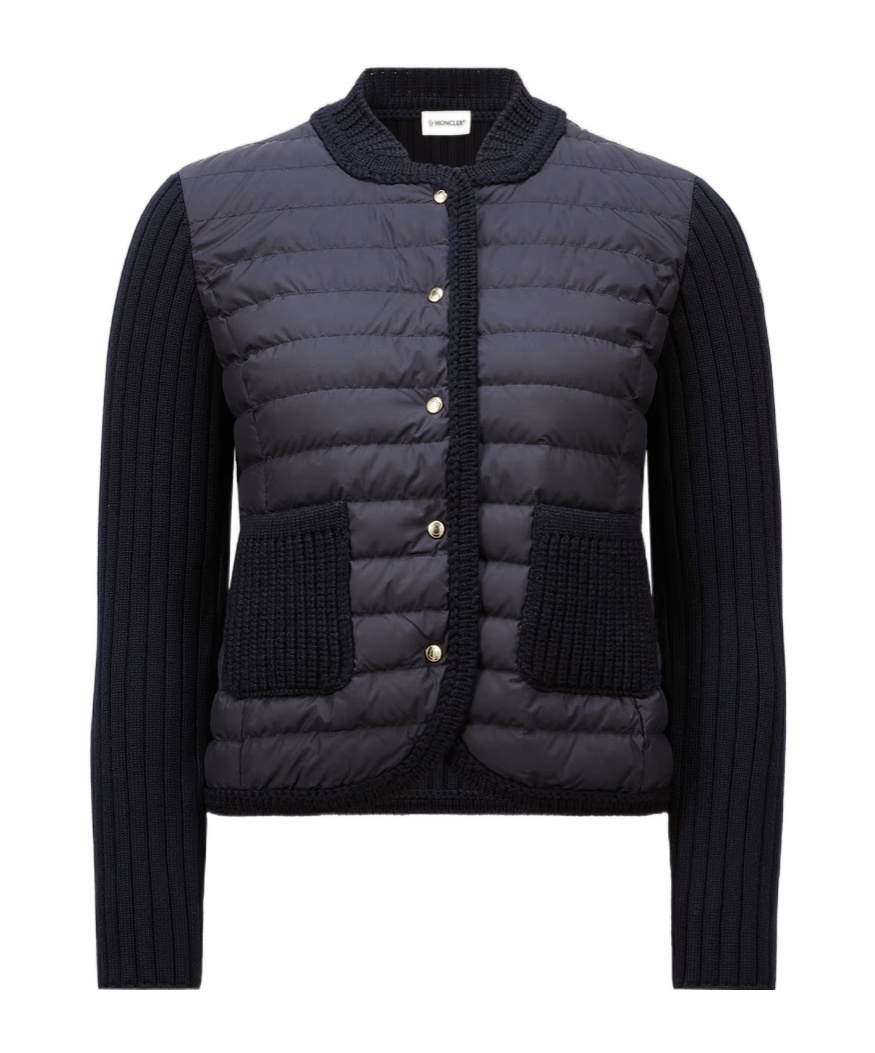 Moncler Knitwear Cardigan With Quilted Front Panel In Navy Blue