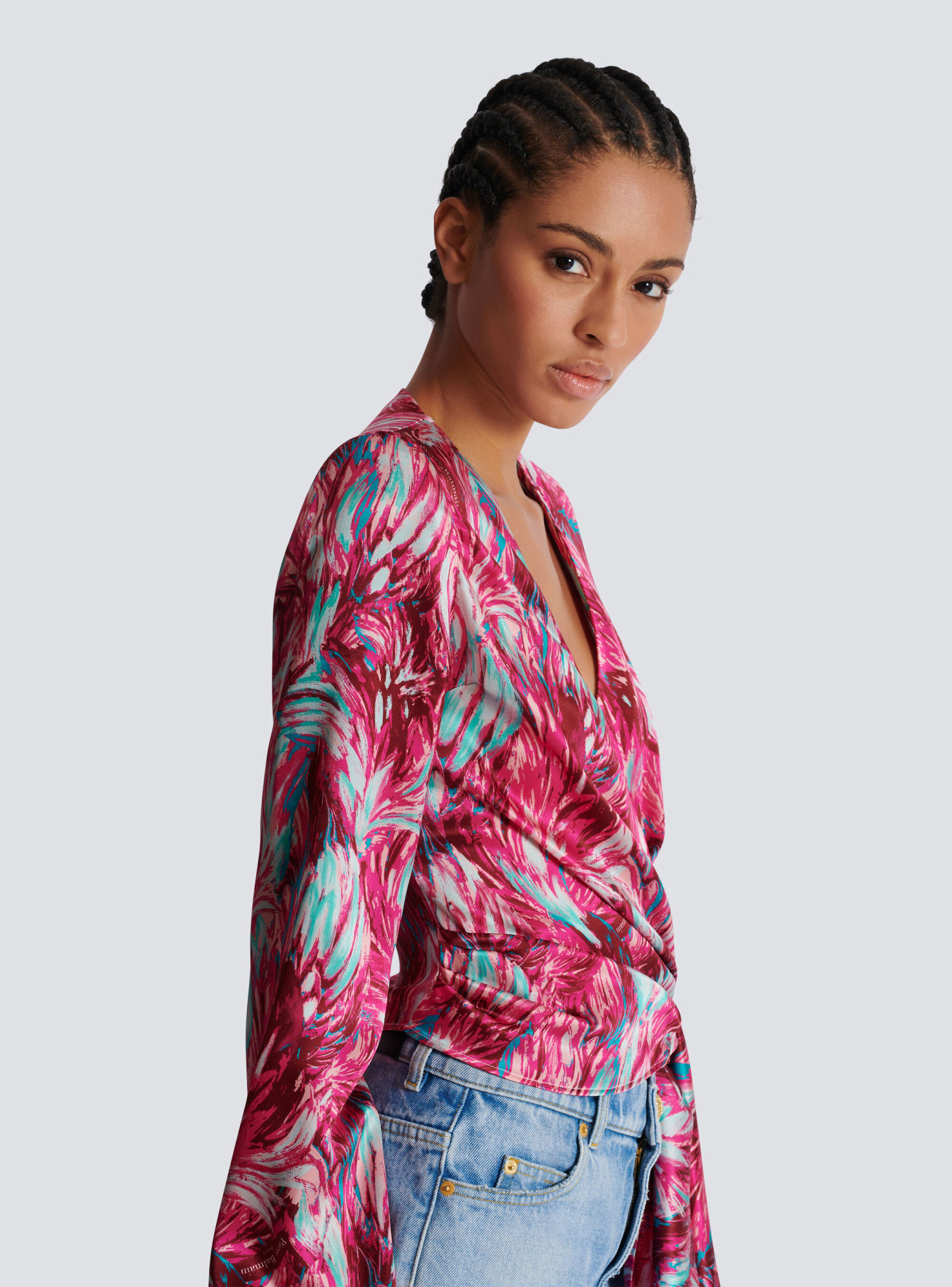 Balmain Feather-print Silk Blouse In Red