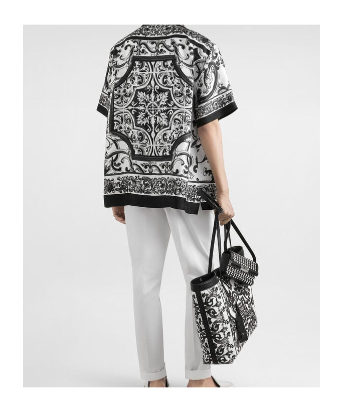 Dolce & Gabbana Maiolica Black And White Bowling Shirt With Cuban Collar And All-over Print In Silk Man In Black