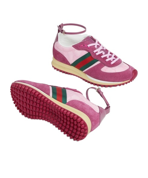 Gucci Nora Web Stripe Suede Sneakers In Pink