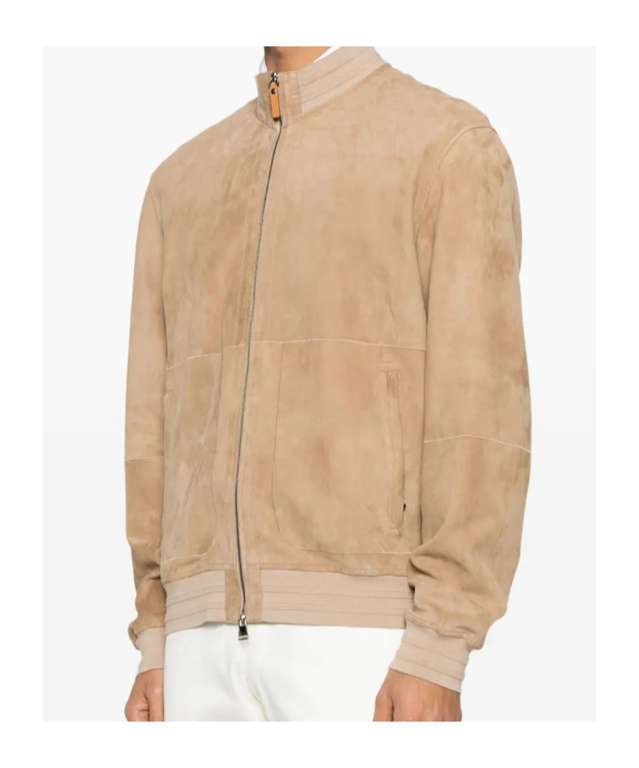 Canali Ultrasoft Suede Bomber Jacket In Nude