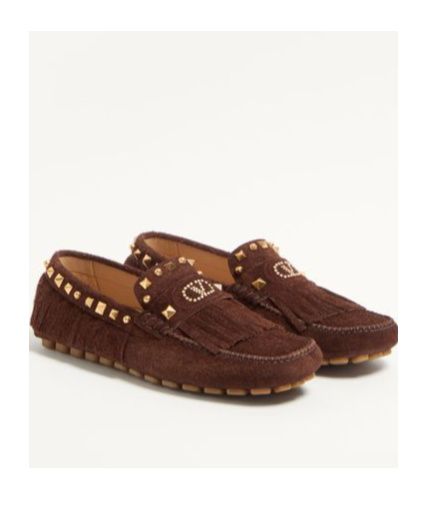 Valentino Garavani Driver Fastaway Loafer With Fringes And Decorative Studs In Brown
