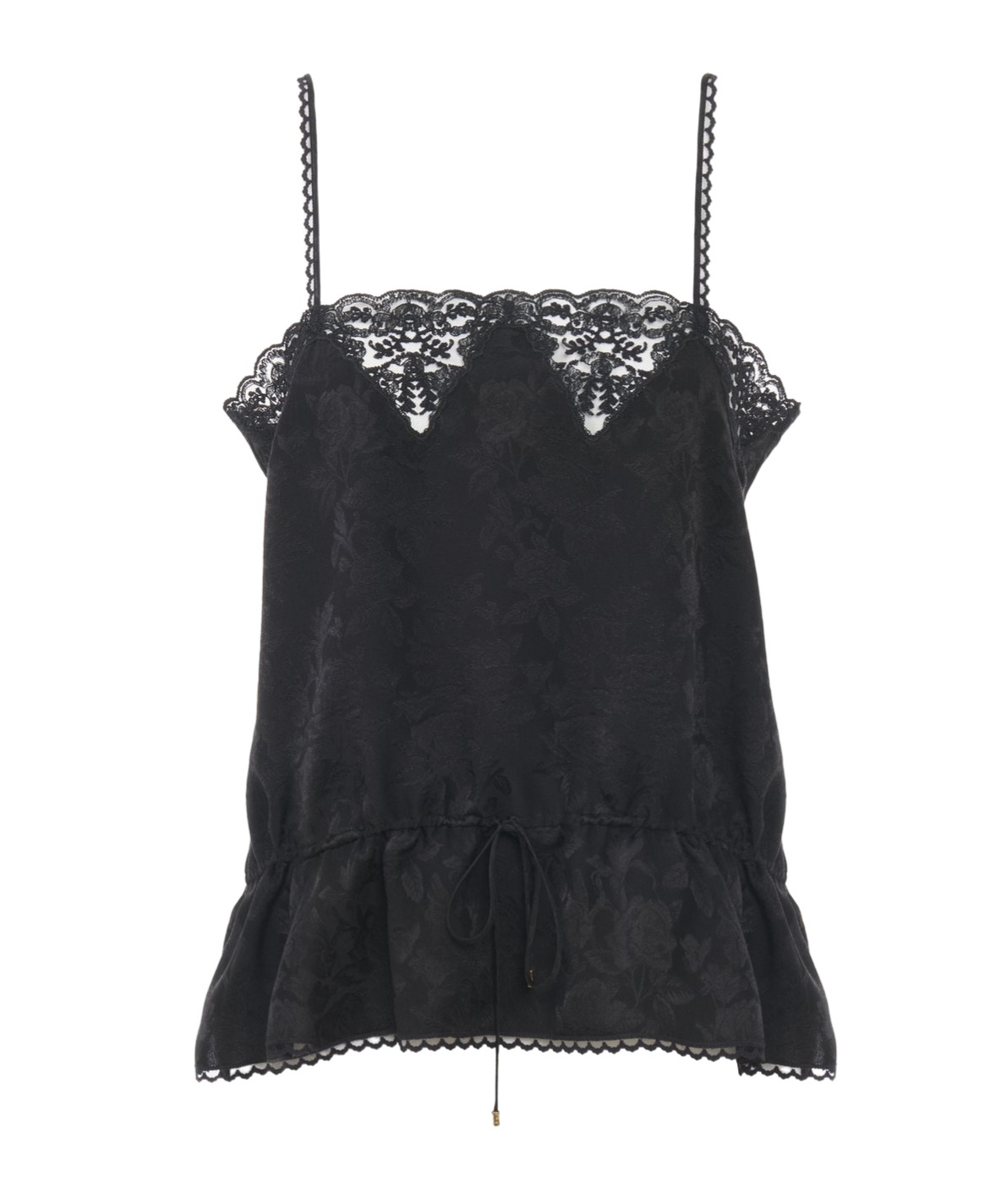 Chloé Drawstring Camisole Top In Silk Jacquard & Lace Black Size 4 100% Silk