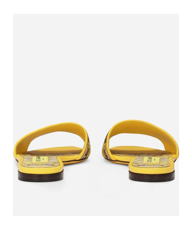 Dolce & Gabbana Yellow Sliders With Embroidered Majolica Pattern In Cotton And Leather Woman In Multicolor