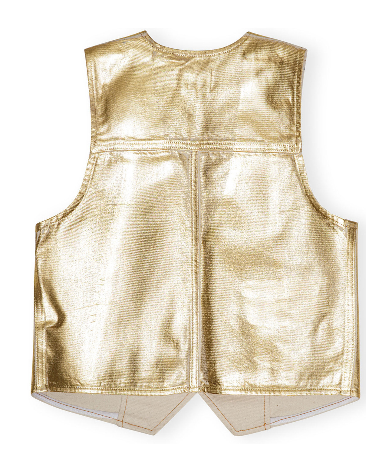 Ganni Gold Vest With Branded Buttons In Laminated Denim Woman In Nude