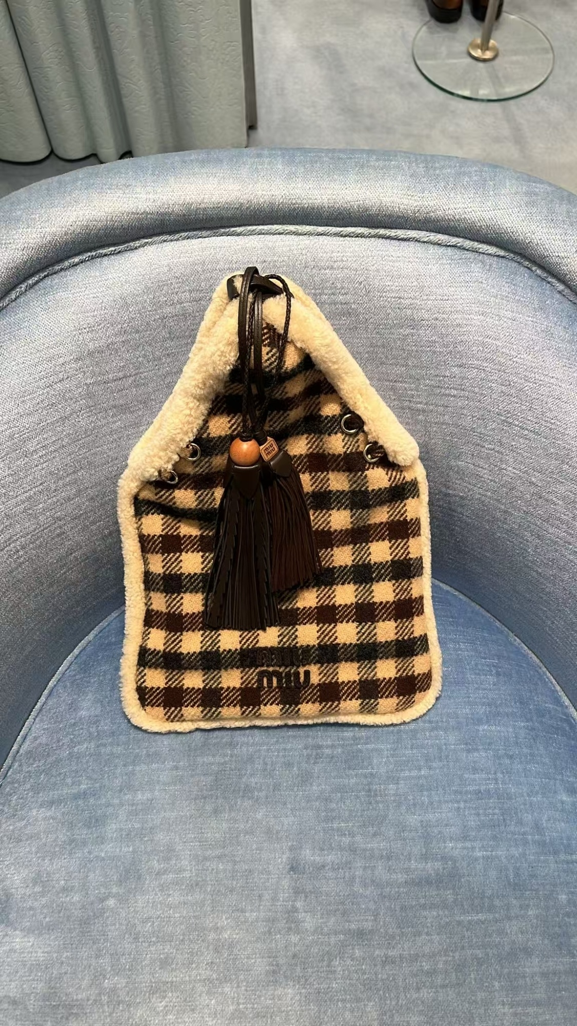 Miu Miu Checkered Fabric Handbag Dual Handles In Multi