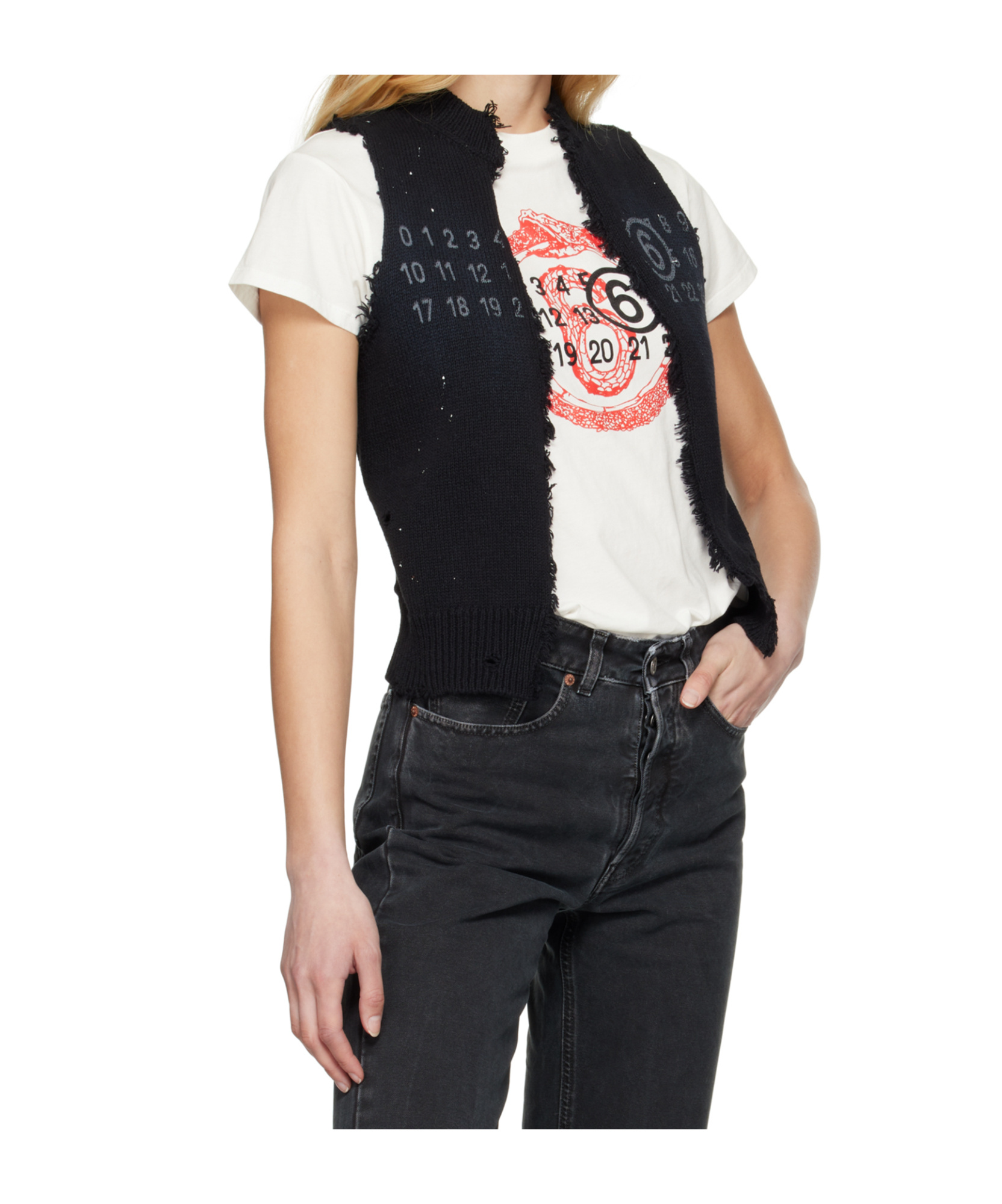 Mm6 Maison Margiela Black Open Cut Printed Vest In Black