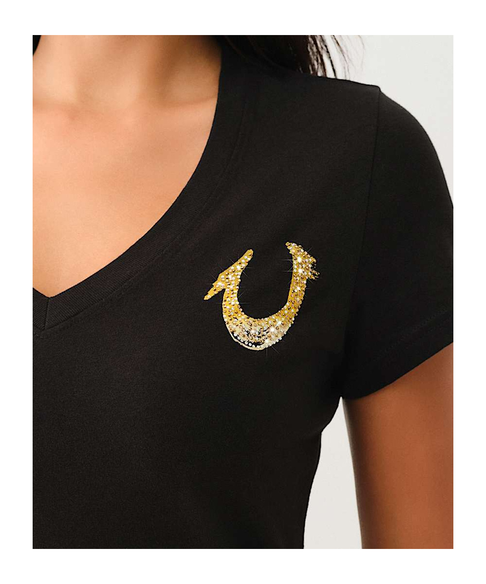 TRUE RELIGION CRYSTAL OMBRE HORSESHOE V NECK TEE 