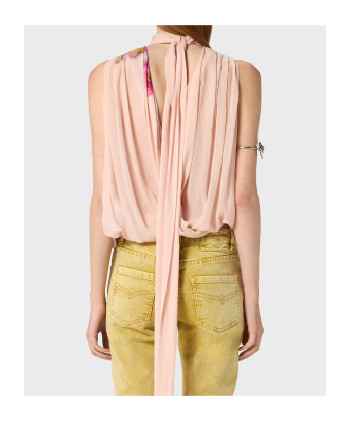 Blumarine Georgette Top With Liquid Flower Print In Pink