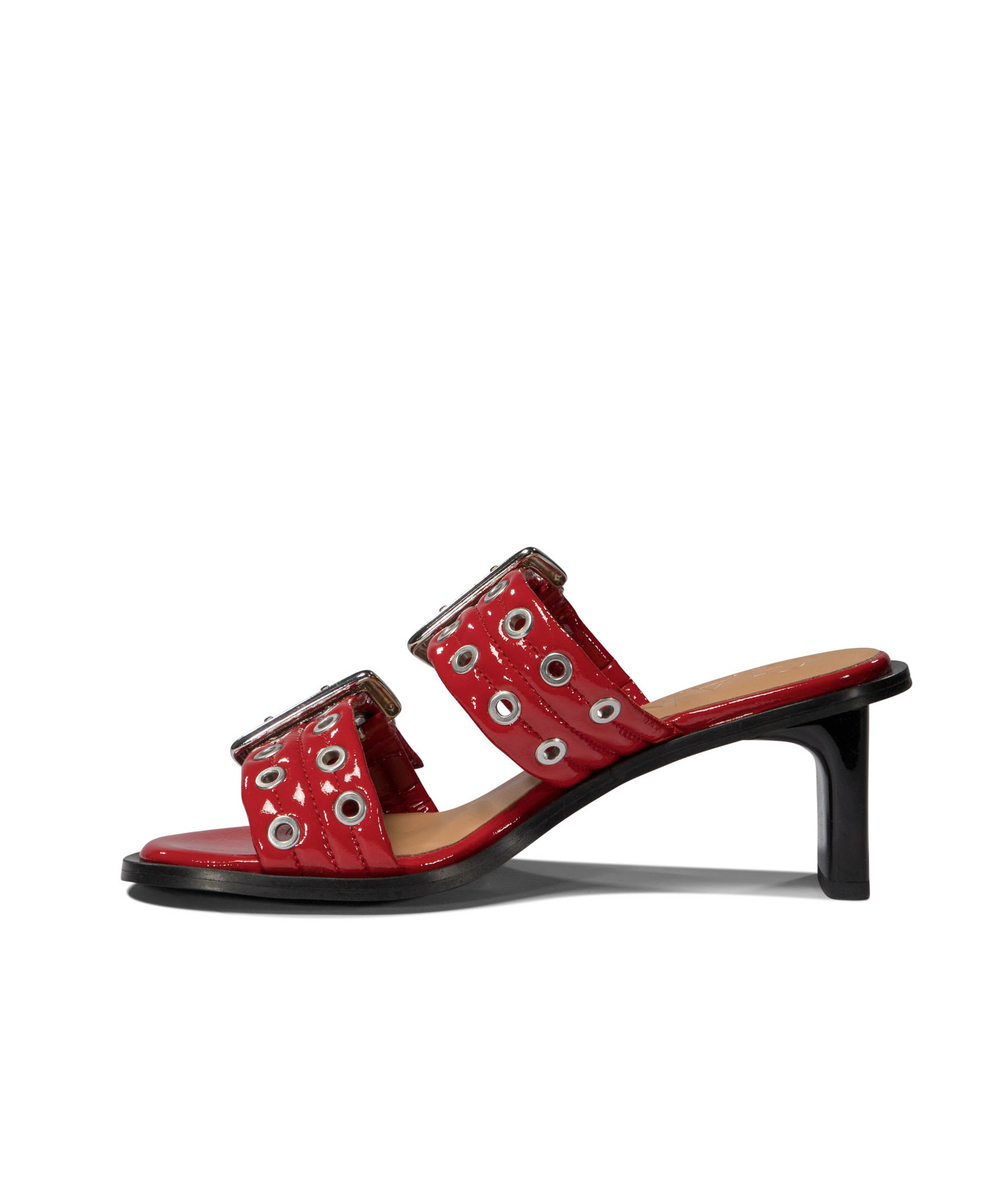 Ganni Red Feminine Buckled Mule Heeled Sandals In Red