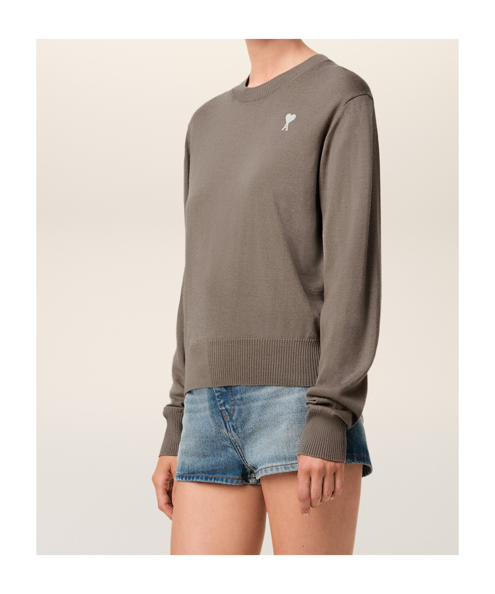 Ami Alexandre Mattiussi Beige Wool Ami De Coeur Crew Neck Sweater Grey In Gray