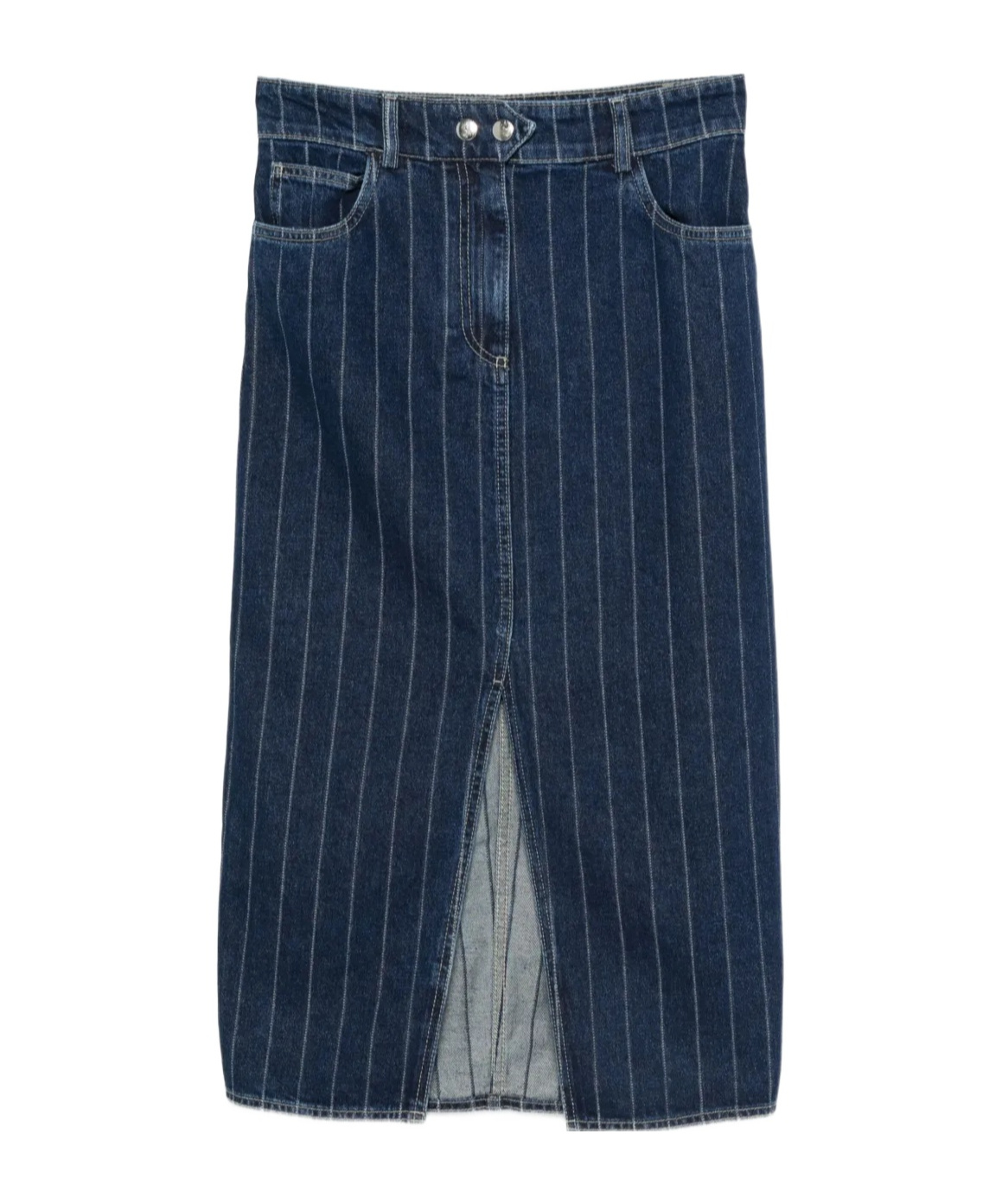 Bash Pinstripe Denim Midi Skirt In Blue