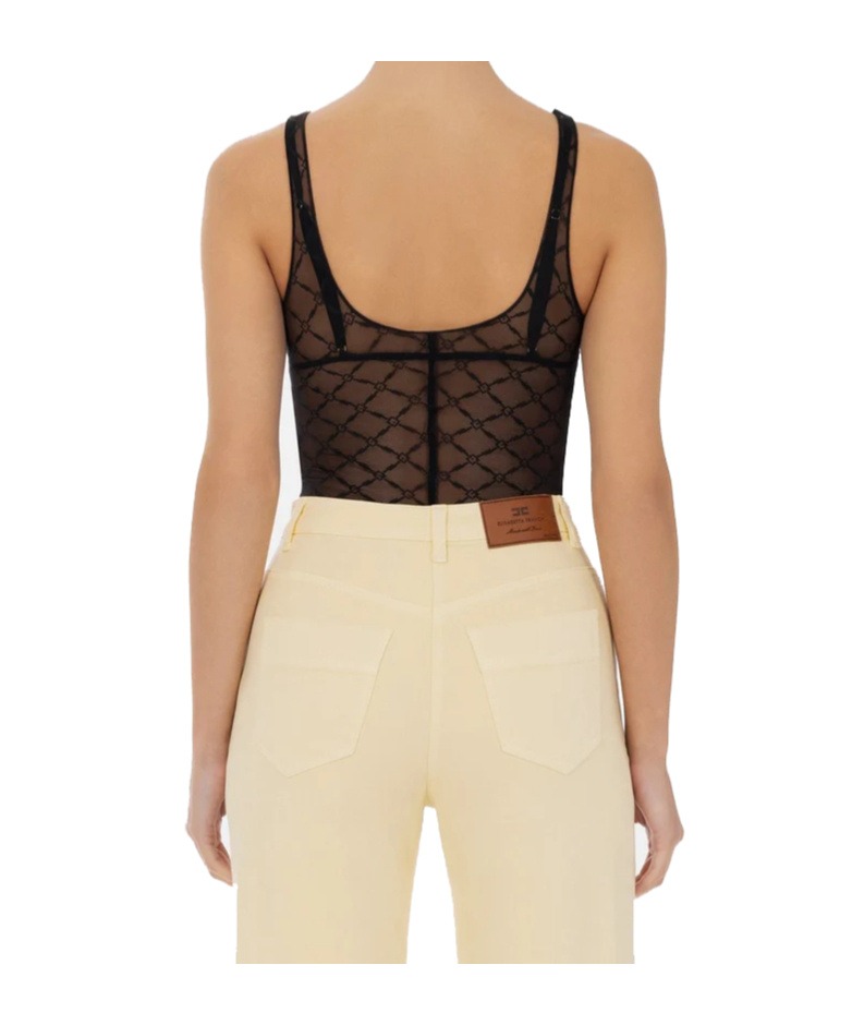 Elisabetta Franchi Sheer Patterned Tulle Bodysuit In Brown