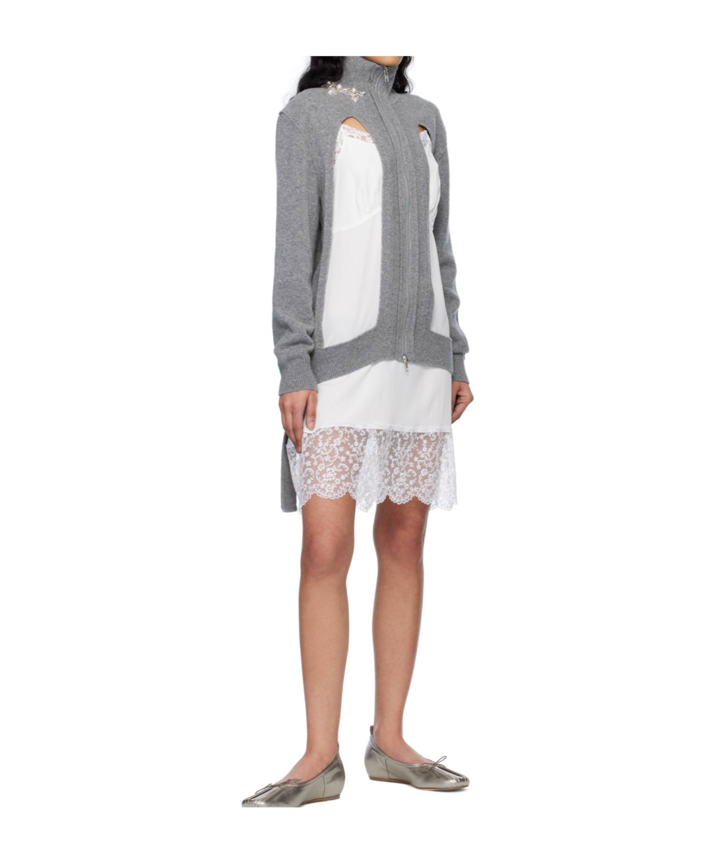 Simone Rocha Embellished Window Zip-up Cardigan In Gray