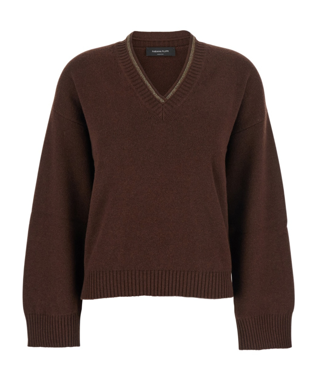Fabiana Filippi Brown V-neck Sweater In Wool And Silk Blend Woman In Brown