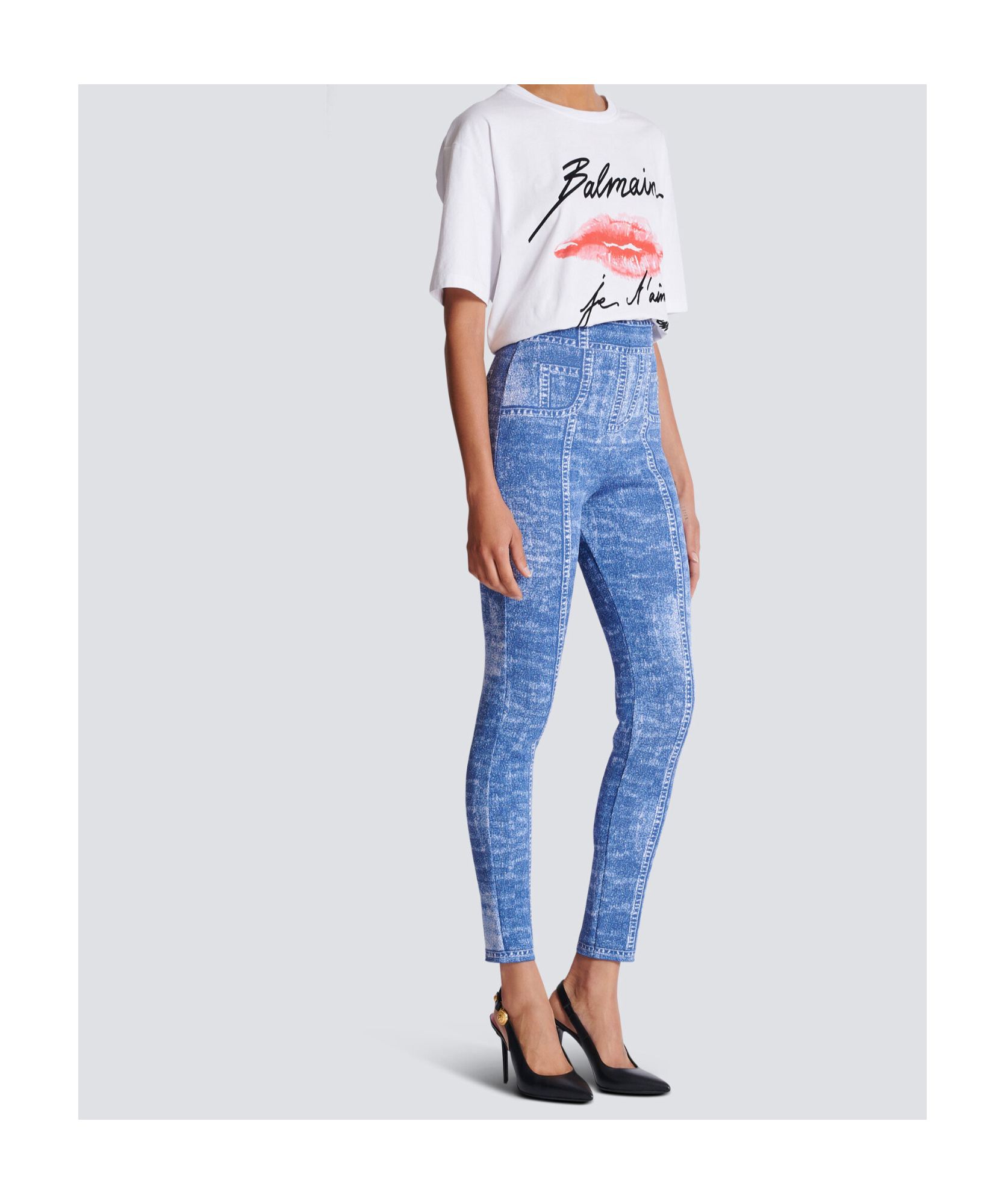 Shop Balmain Jacquard Knit Leggings With Denim Effect In Blue