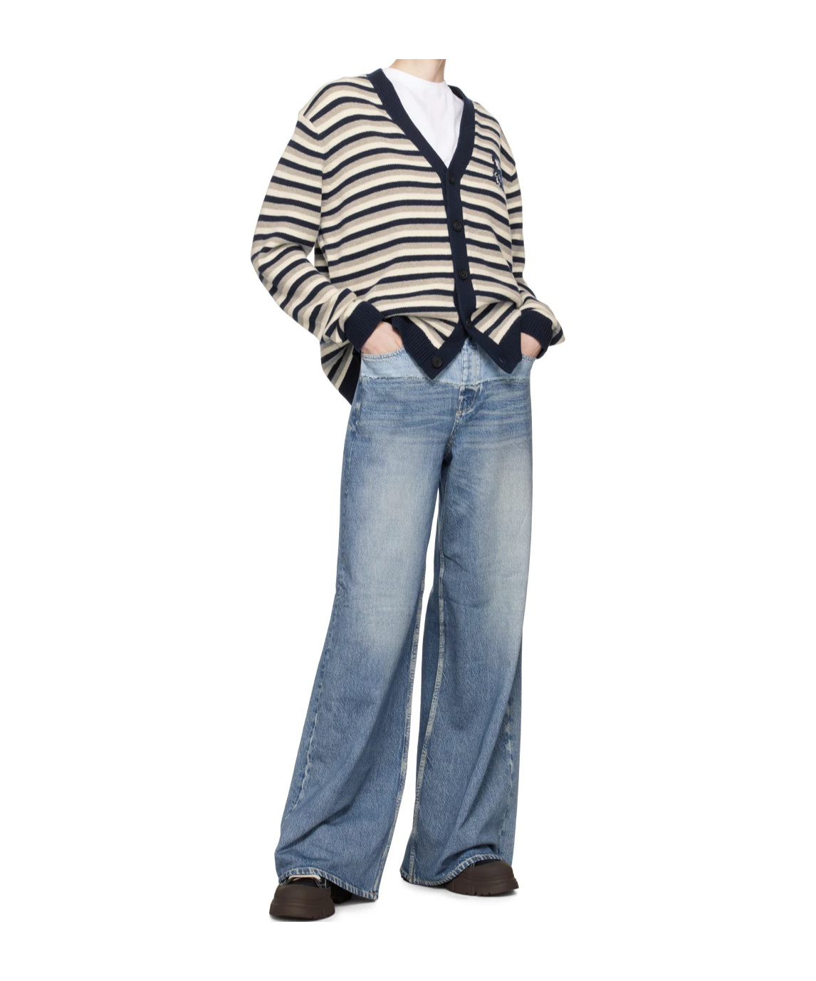 MAISON KITSUNÉ FOX HEAD INTARSIA STRIPED CARDIGAN