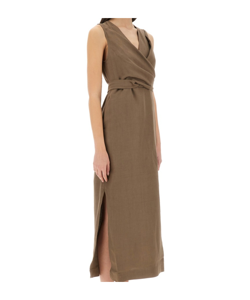 Brunello Cucinelli Wrap Effect Linen Dress In Brown