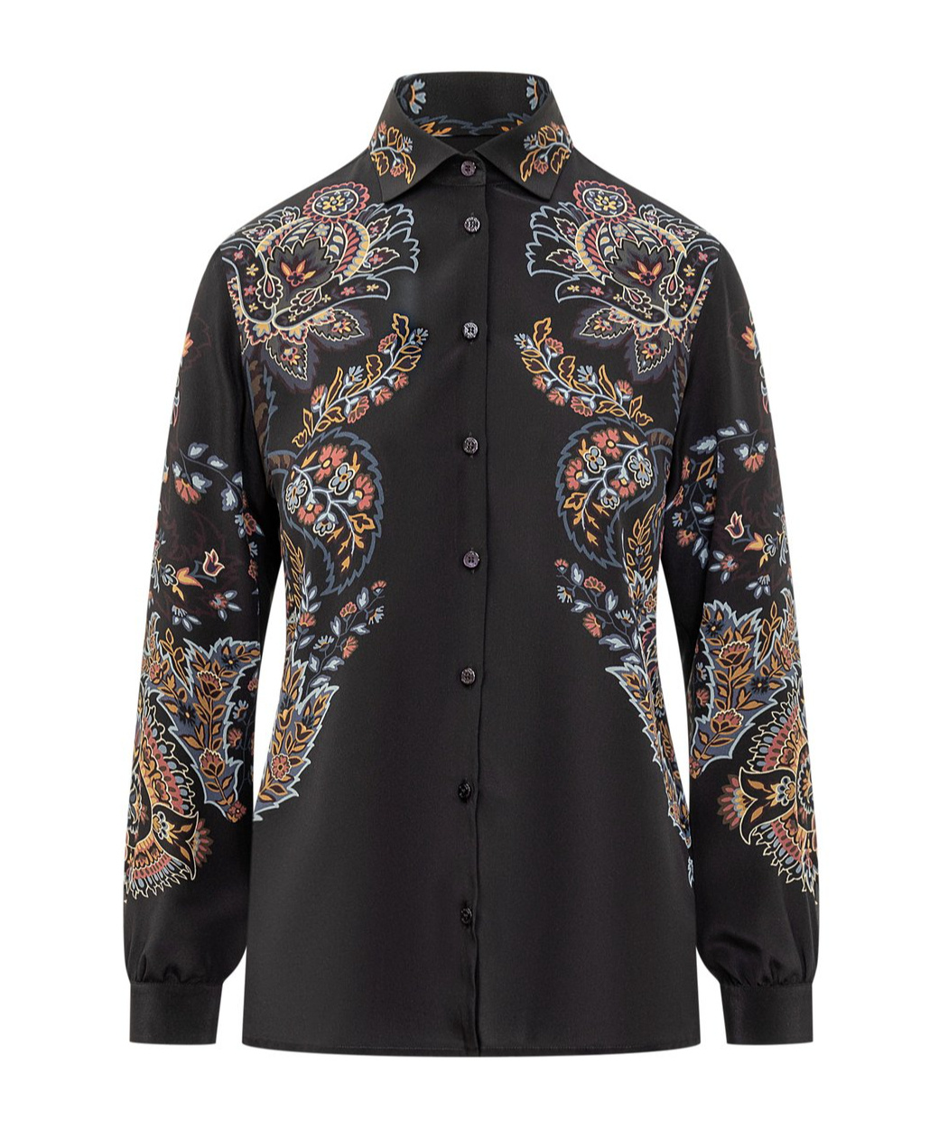 Etro Floral Pattern Silk Shirt With Side Slits In Black
