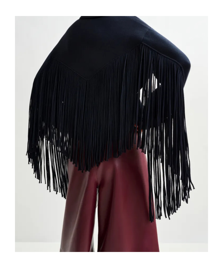 Essentiel Antwerp Navy Cropped Knitted Jacket With Fringe Details In Blue