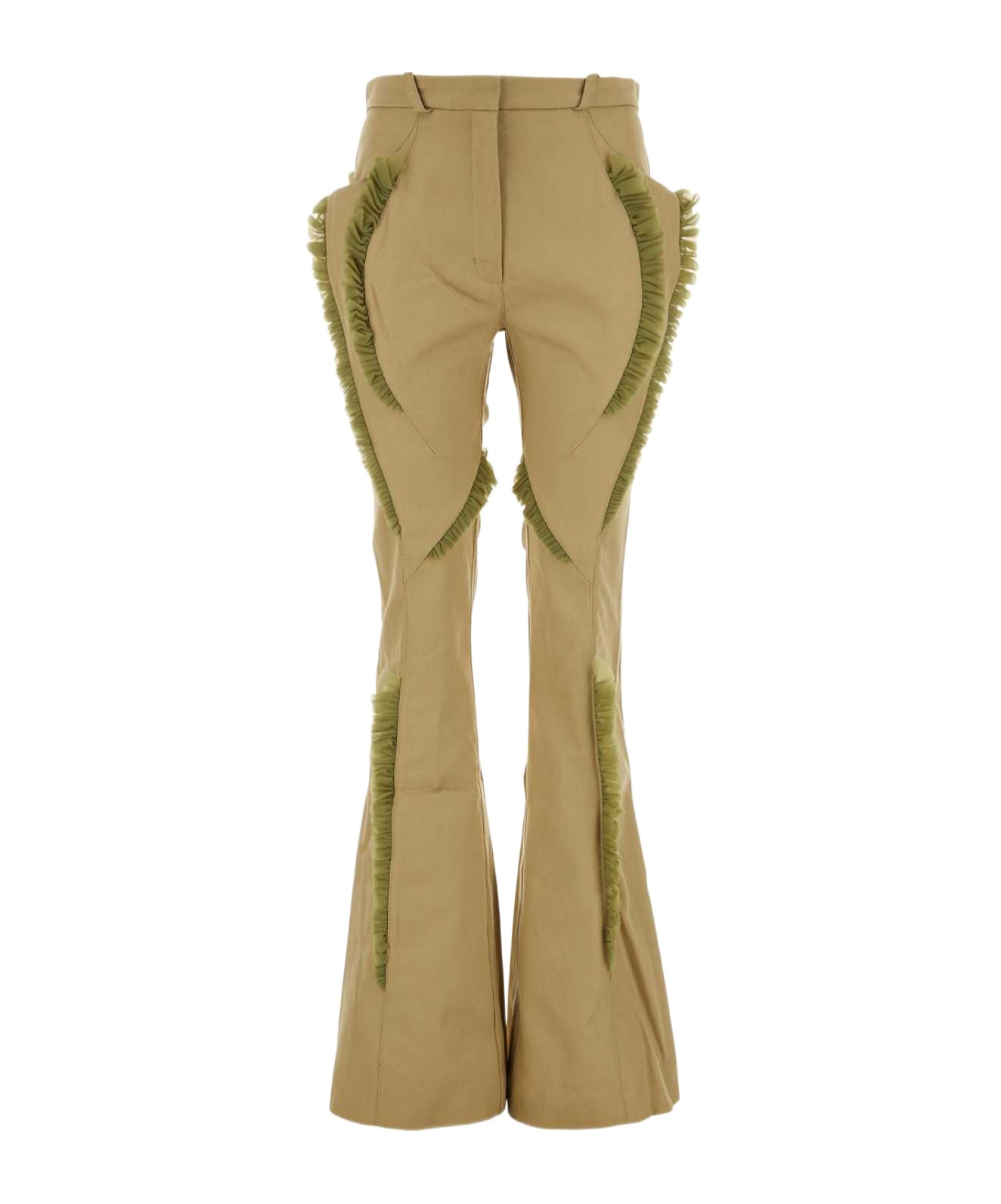 Kiko Kostadinov Feather Trim Flared Cotton Pant In Green