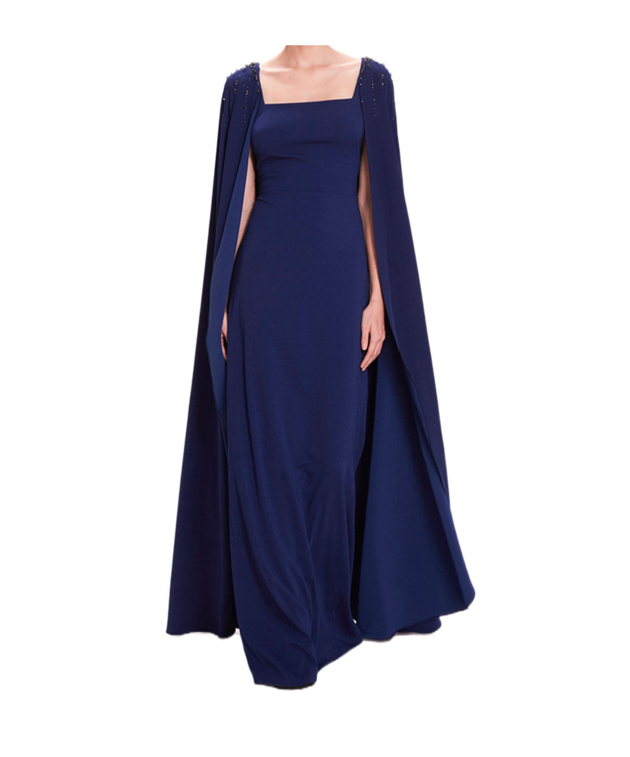 Marchesa Notte Caped Shoulders Crepe Gown In Blue