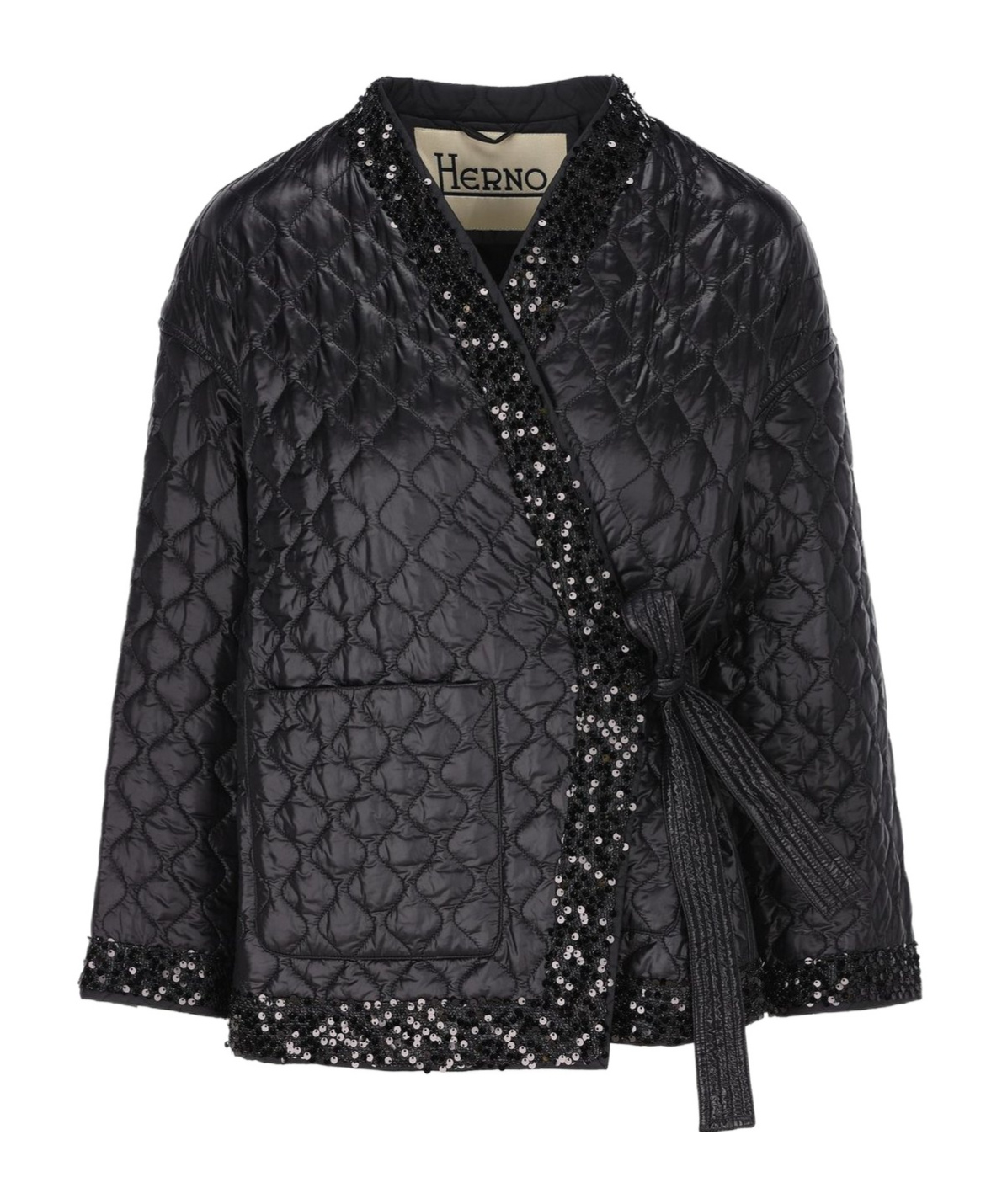 Herno Quilted Sequin Embellished Tied-waist Jacket In Black