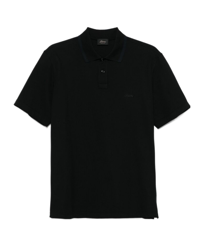 Brioni Piqué Cotton Polo Shirt In Black