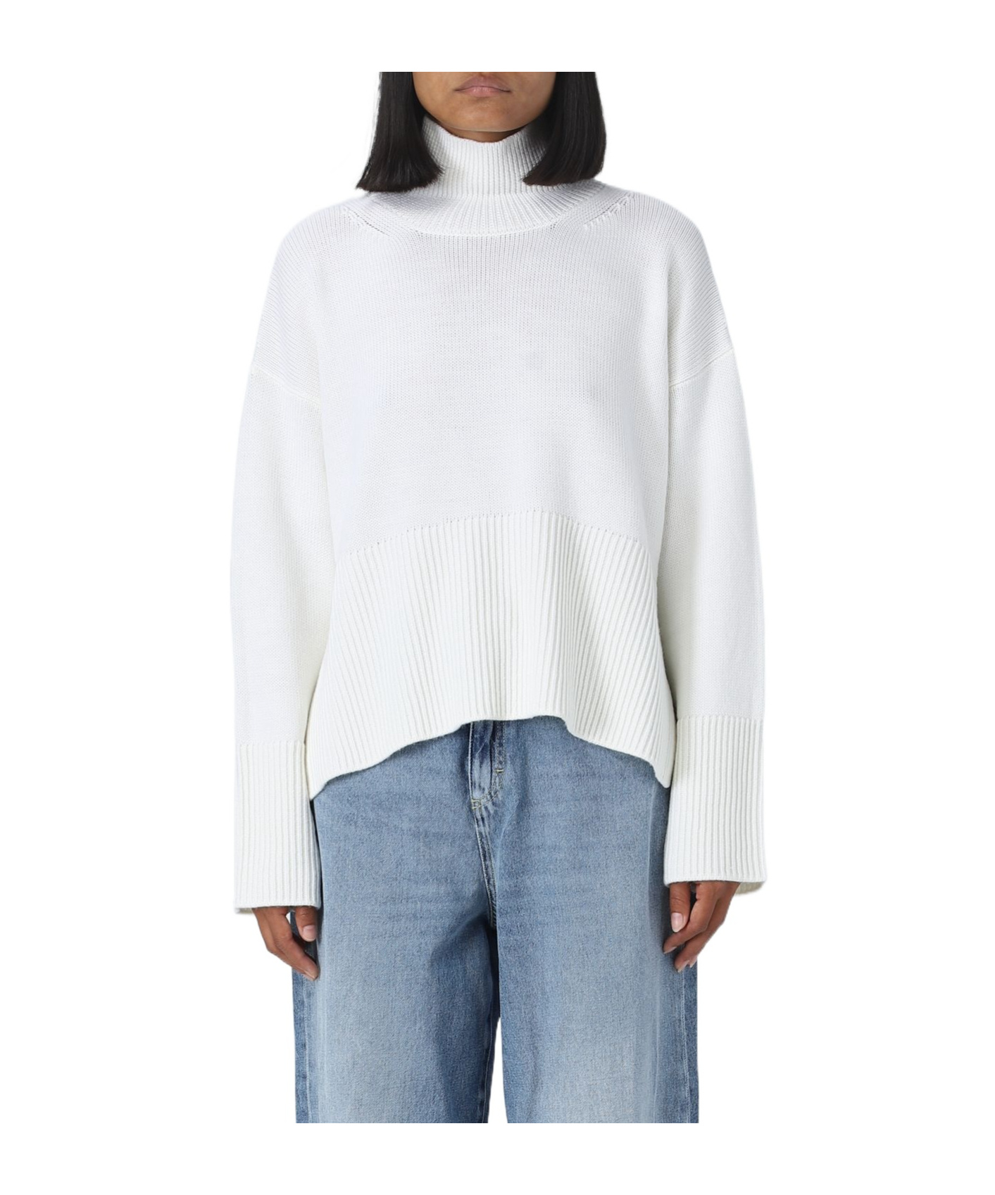 Dondup High-neck White Wool Sweater With Ribbed Detailing In White