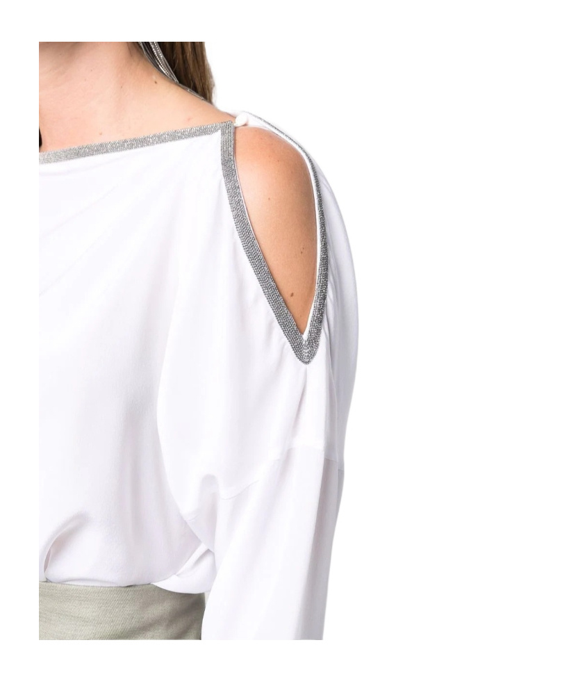 Brunello Cucinelli Long-sleeve White Knit Top With Unique Shoulder Detail In White