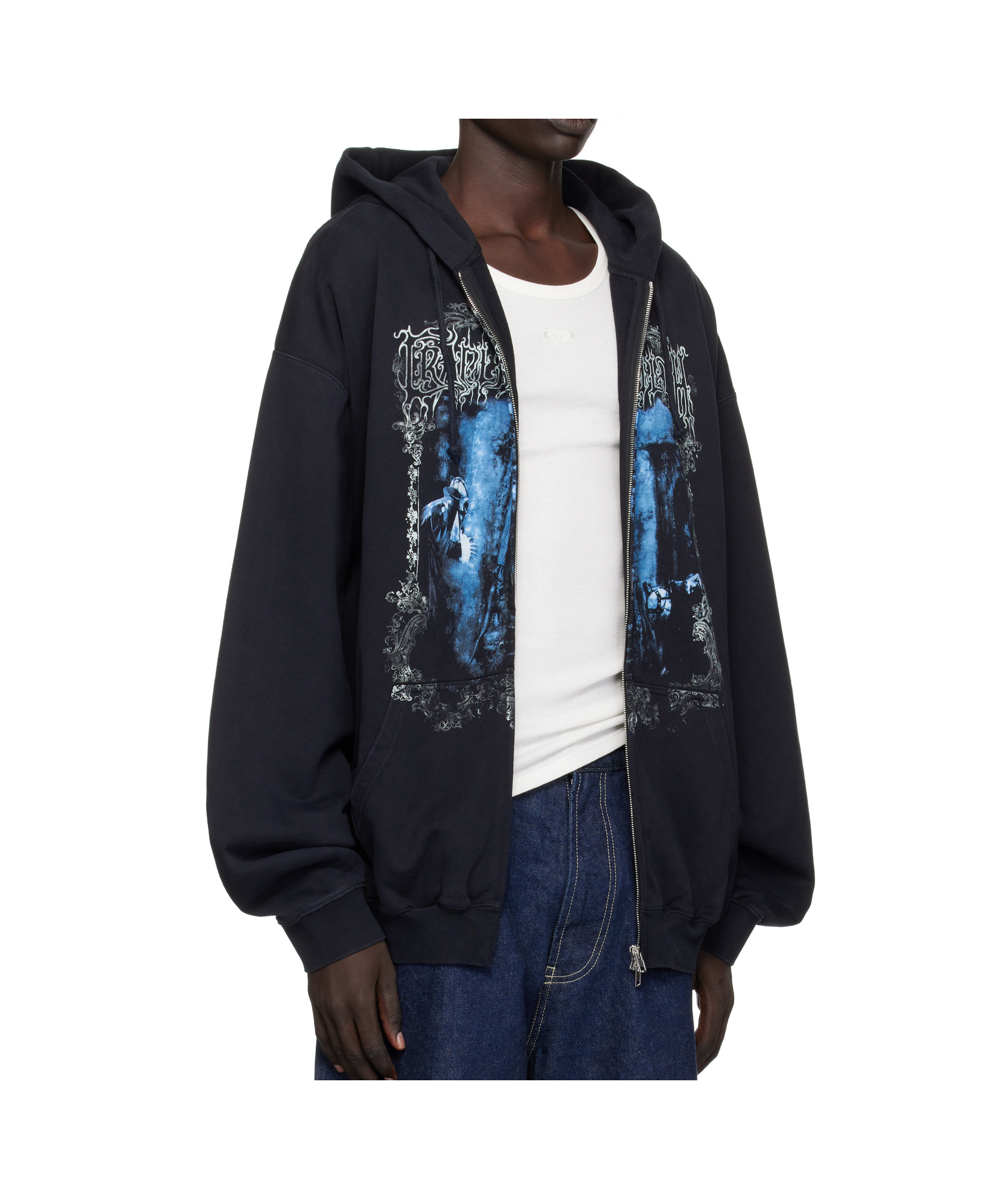 Vetements Printed Drawstring Zipped Hoodie In Black