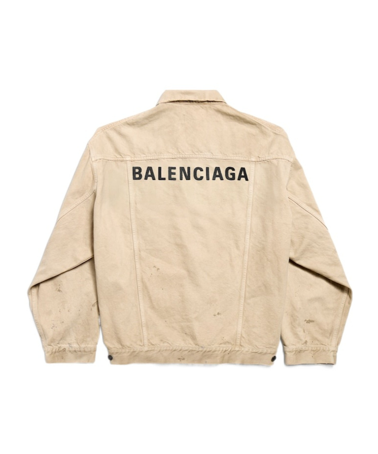 Balenciaga Beige Denim Jacket With Contrast Logo Embroidery In Gold