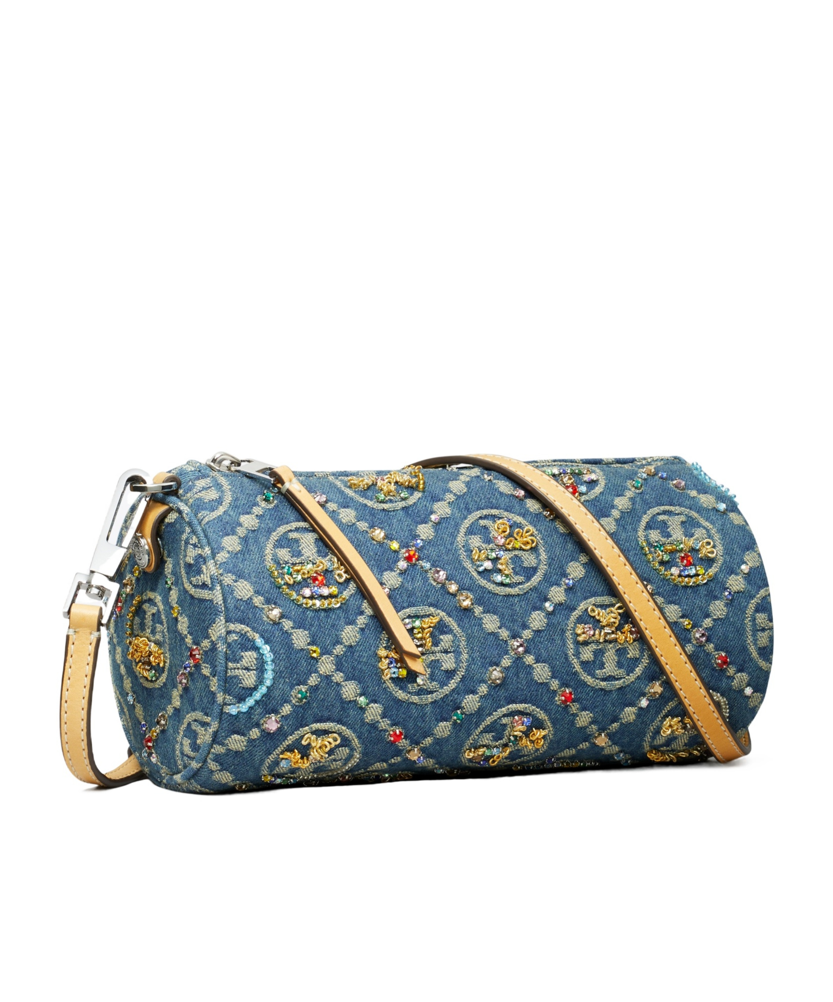 Tory Burch T Monogram Denim Cylindrical Bag