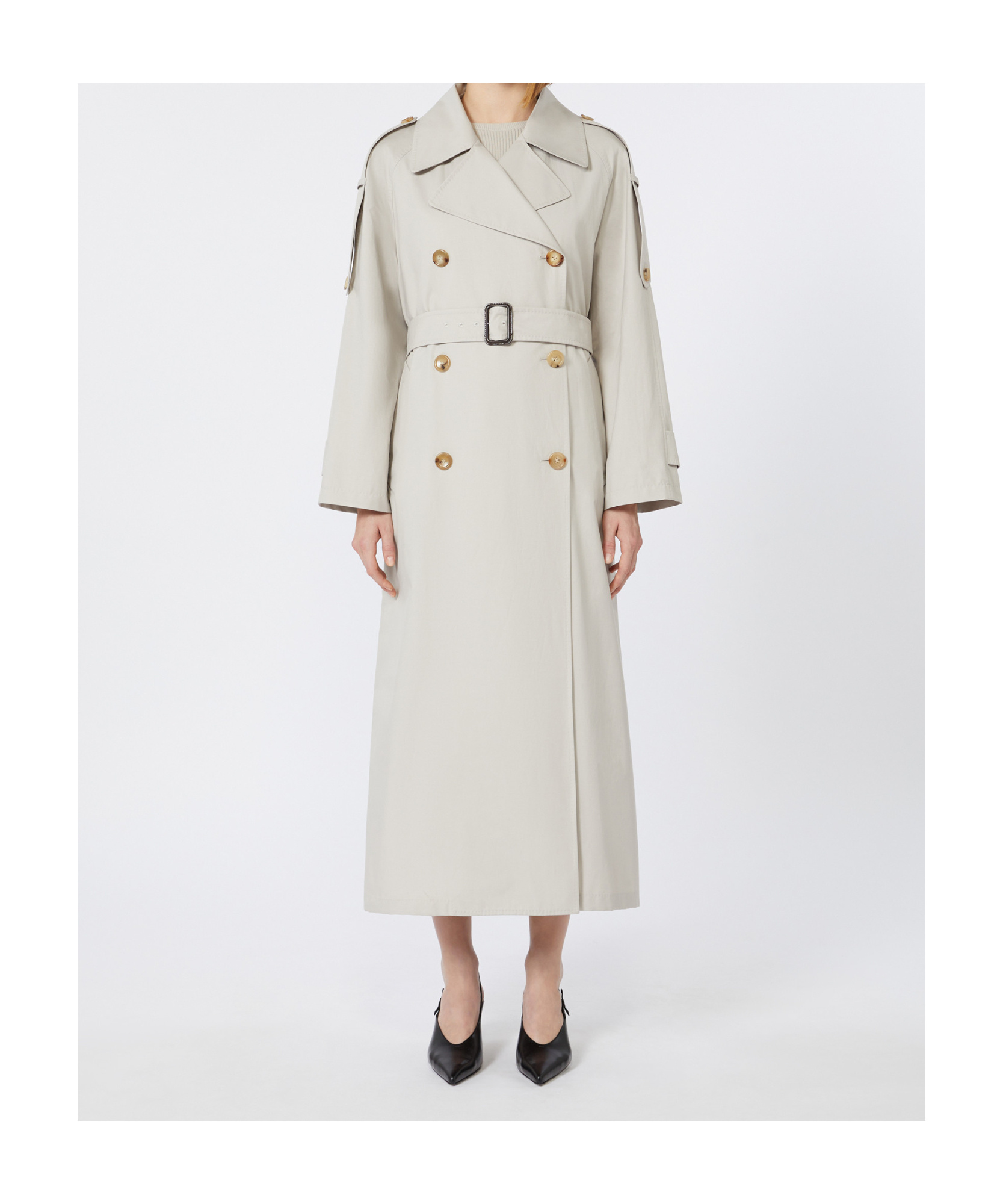 Max Mara Long Double-breasted Trench Coat In Water-repellent Cotton Twill In Brown