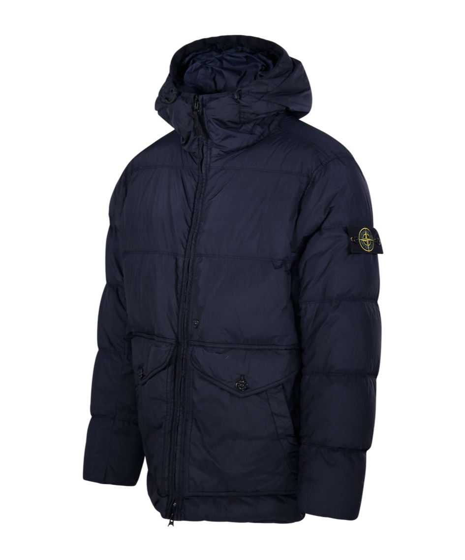 Stone Island Blue Down Jacket With Drawstring Hood And Logo Patch On The Sleeve In Tech Fabric Man In Blue
