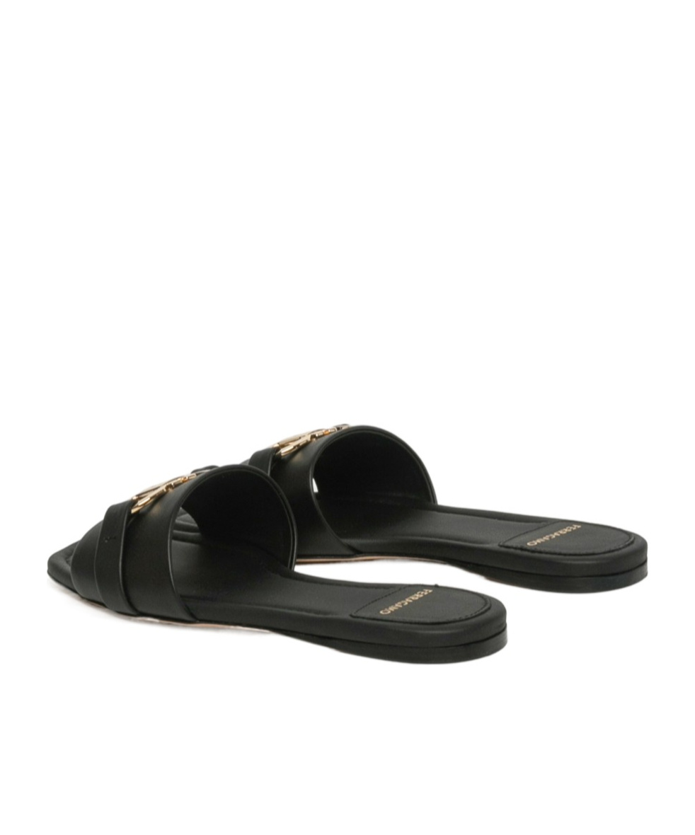 Ferragamo Leather Slides With Flat Sole And Gold-tone Hardware In Black
