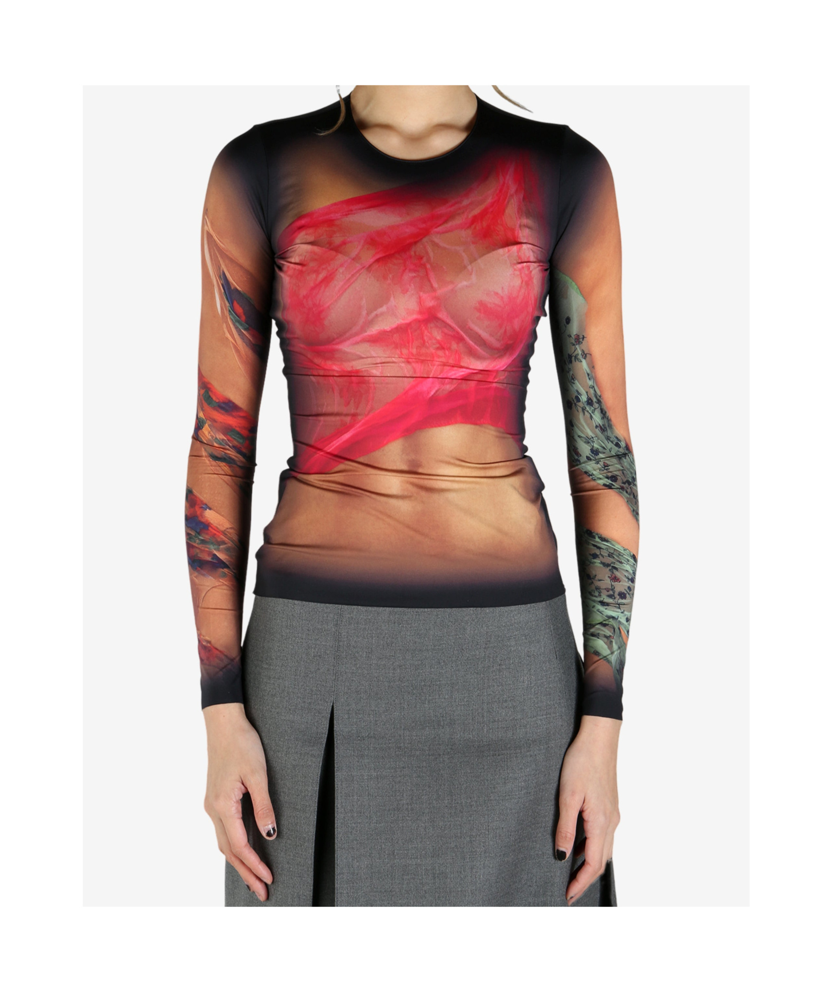 Marine Serre Multicolor Top With Draped Details And All-over Graphic Print In Tech Fabric Woman In Dark Beige