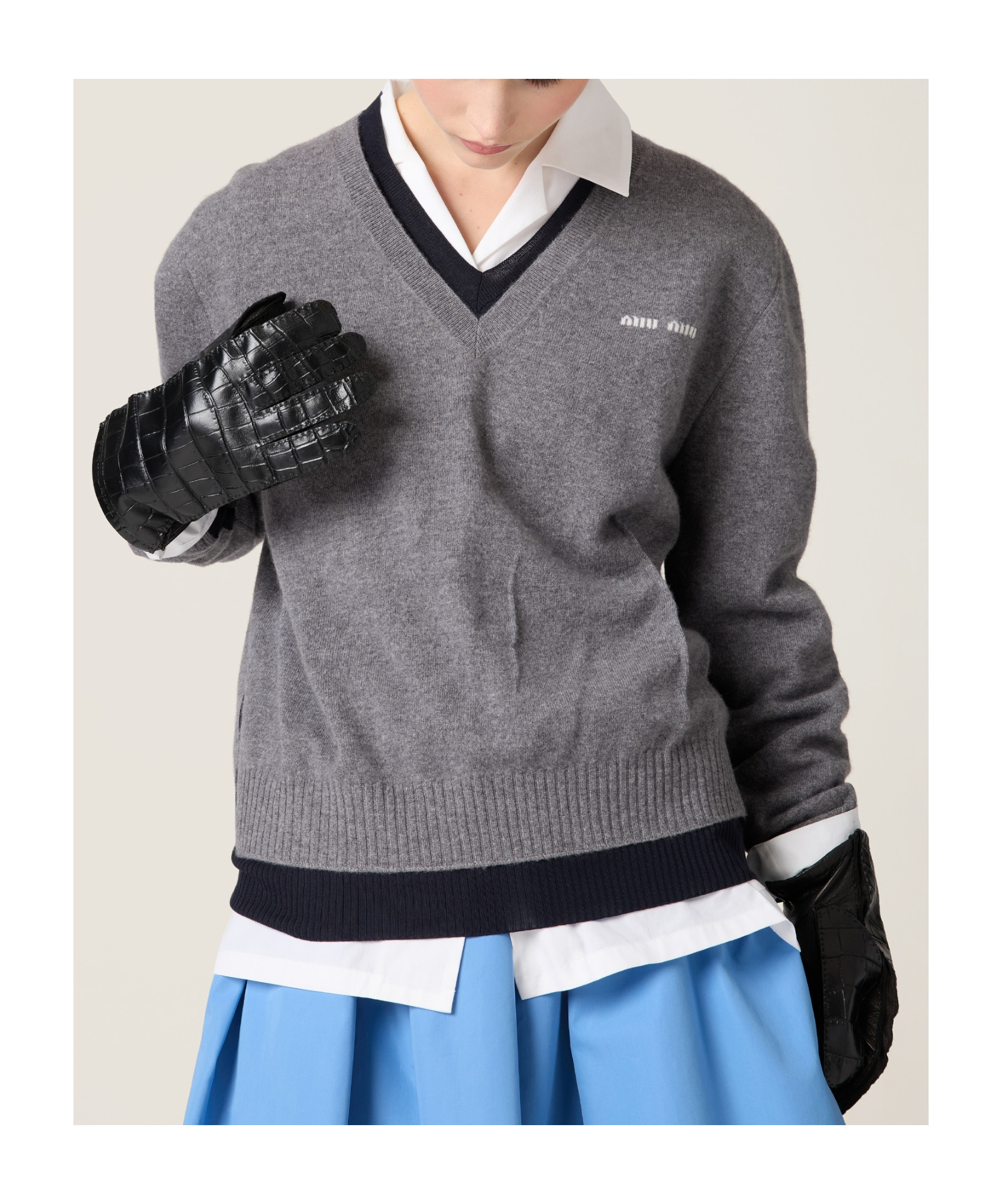 Miu Miu Layered V-neck Oversized Cashmere Sweater In Gray