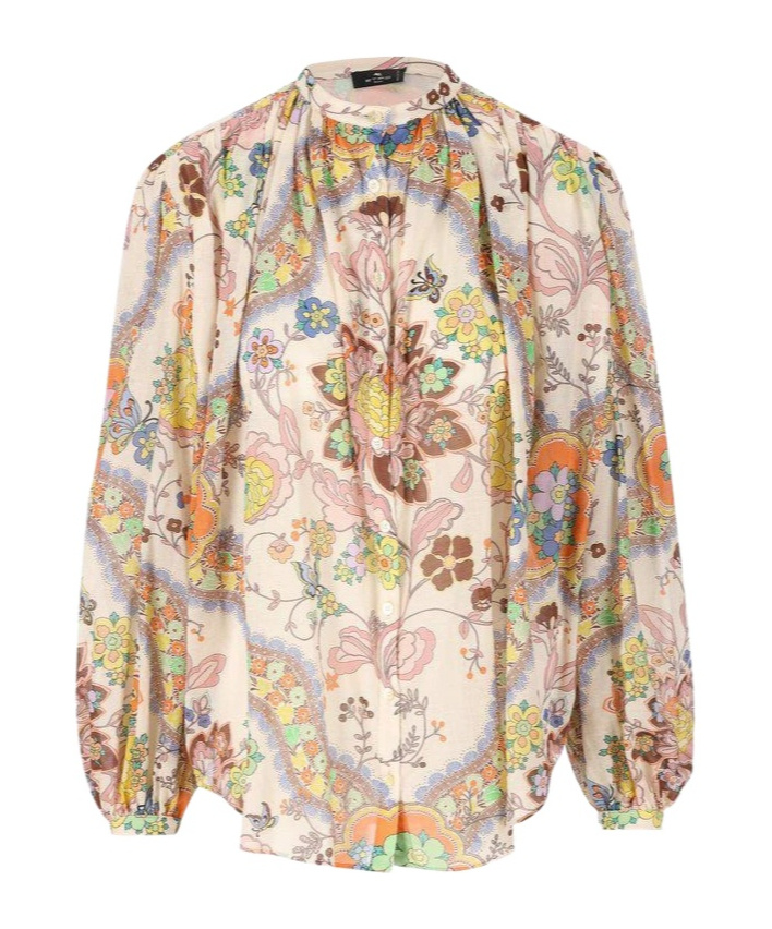 Etro Pleated Paisley Print Cotton Shirt In Nude