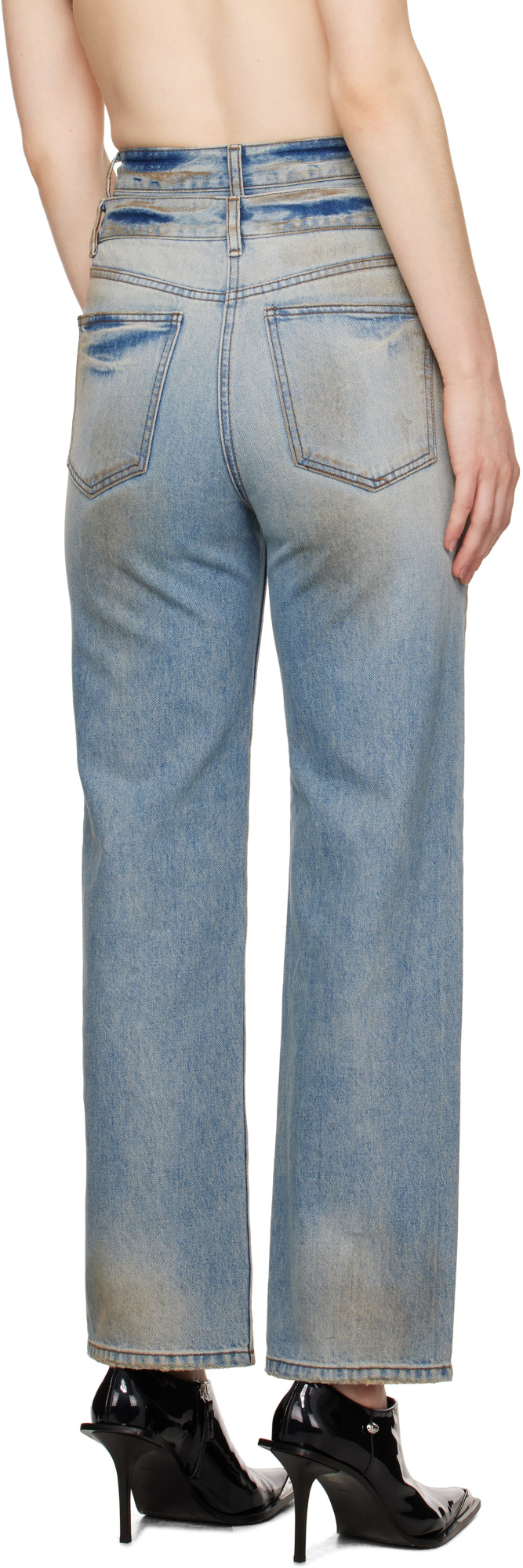 Juunj Blue Double Waist Dirty Jeans In Blue