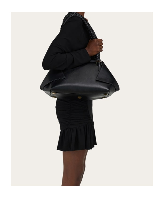 Ferragamo The Scarf Bag Black Shoulder Bag With Braided Handles And Folded Corners In Leather Woman In Black