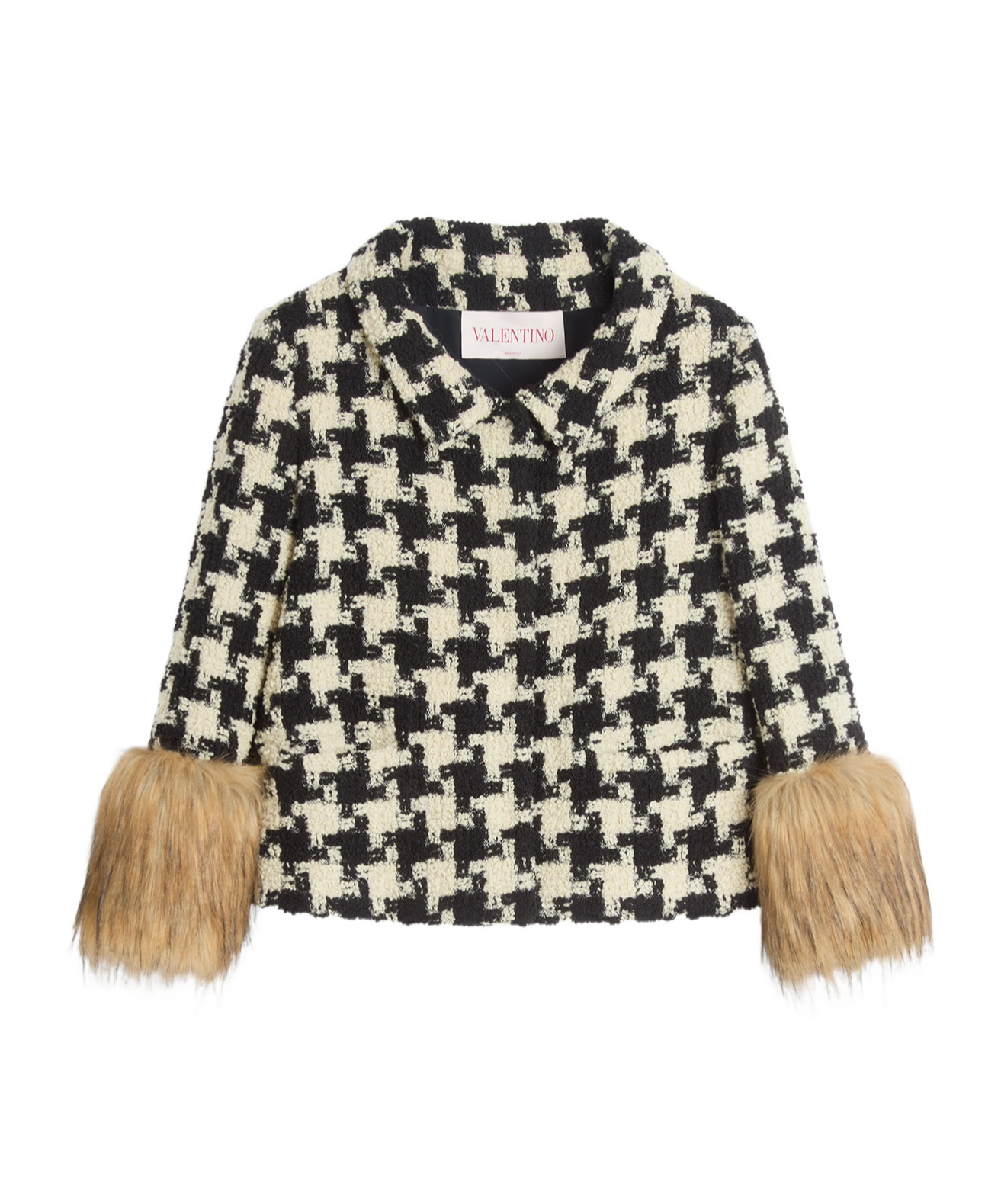 Valentino Faux-fur Macro Houndstooth Tweed Jacket In Nude
