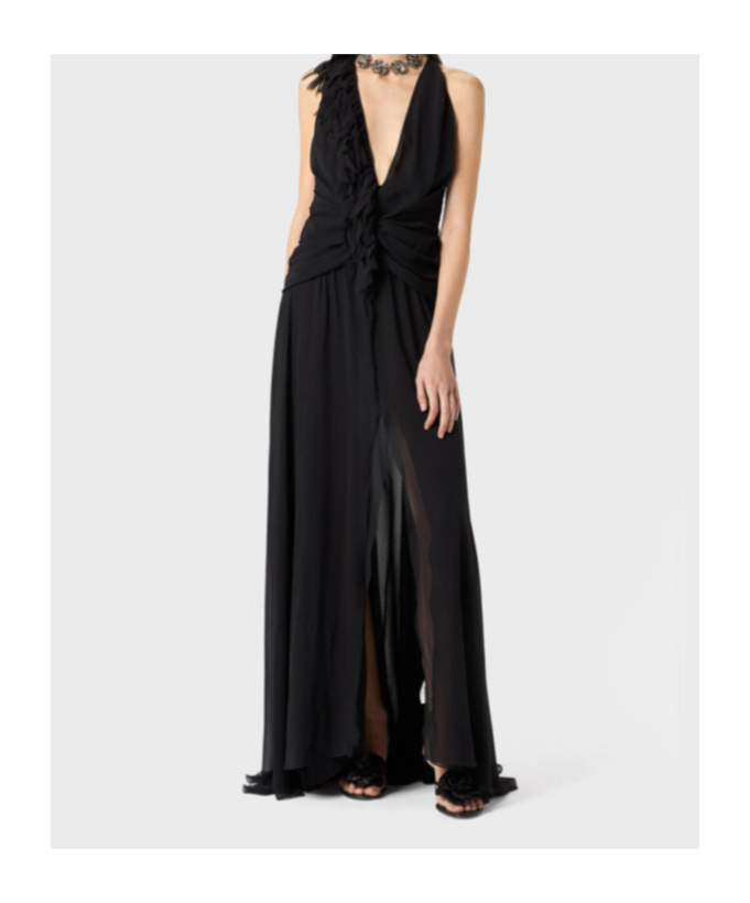 Blumarine Georgette Long Dress With Drapes In Black