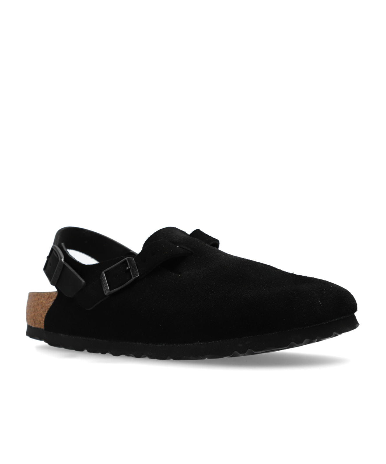 Birkenstock Buckle Cork Open Suede Mules In Black