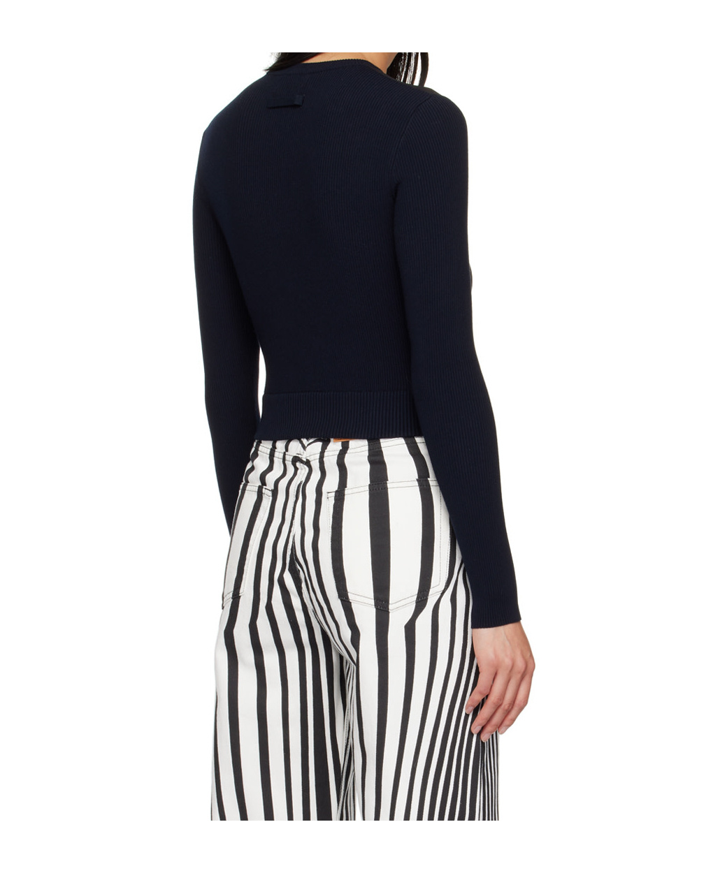 Jean Paul Gaultier Ribbed Mariniere Mesh-layer Crewneck Sweater In Black