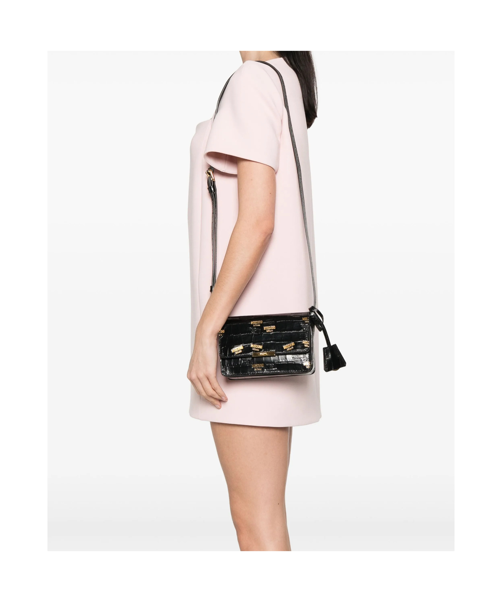 Moschino Crocodile Print Shoulder Bag In Black